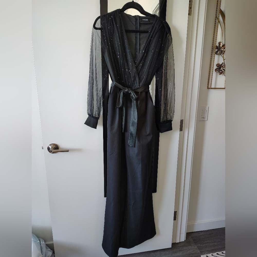 Chic Black Evening Sparkle Mesh-Sleeve Jumper Pants Suit Large